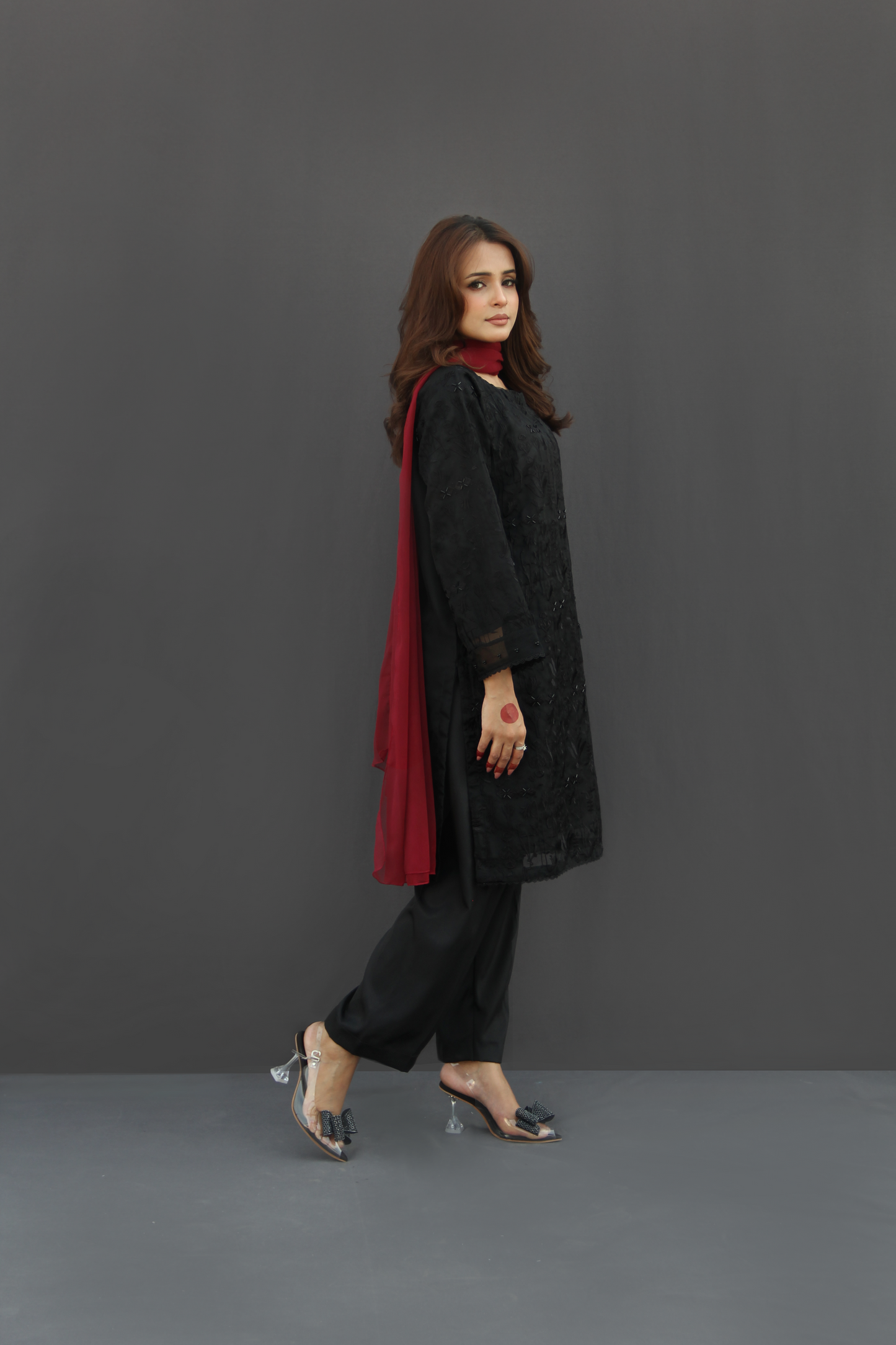 Shab-Black Organza Embroidered Suit (3-piece)