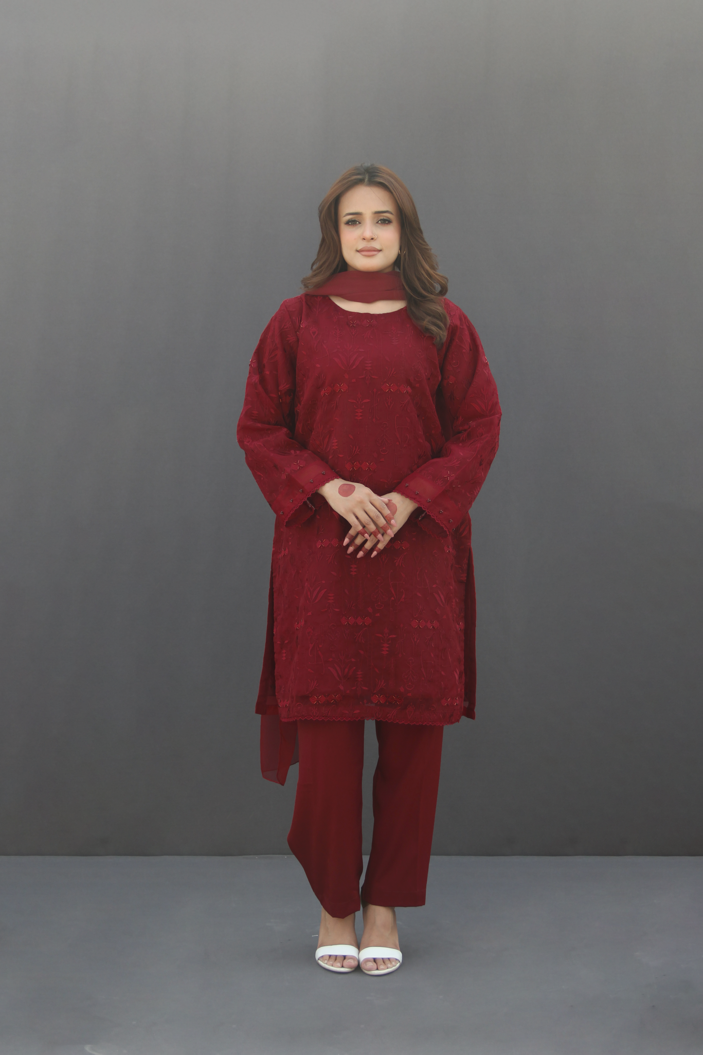 Surkh- Maroon Organza Embroidered Suit (3-piece)