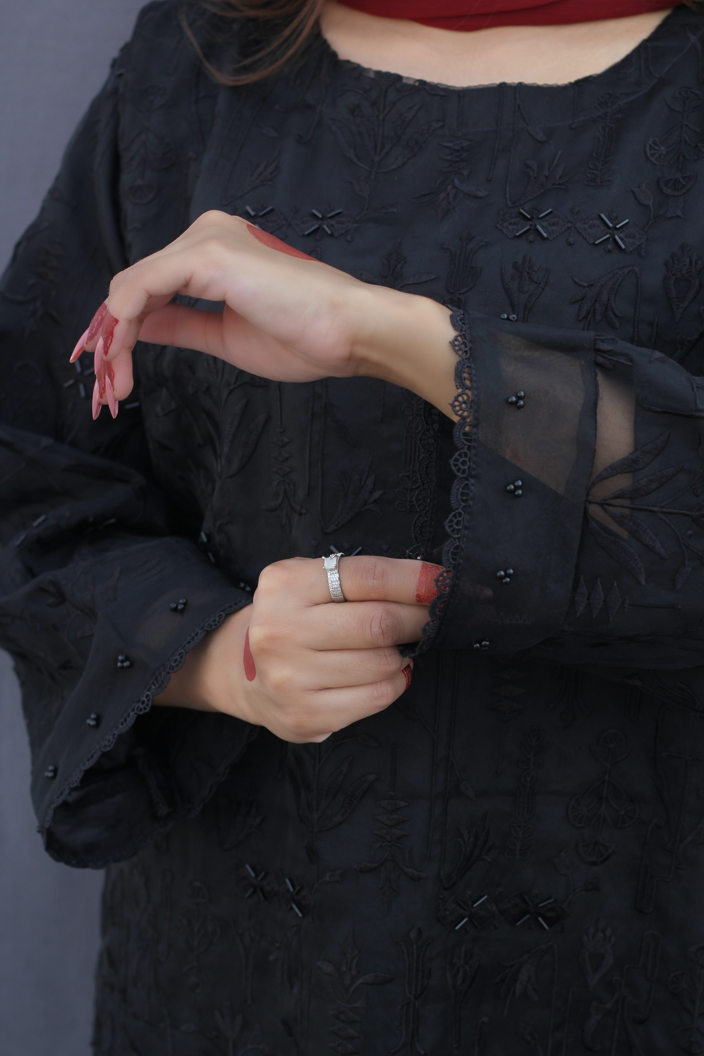 Shab-Black Organza Embroidered Suit (3-piece)