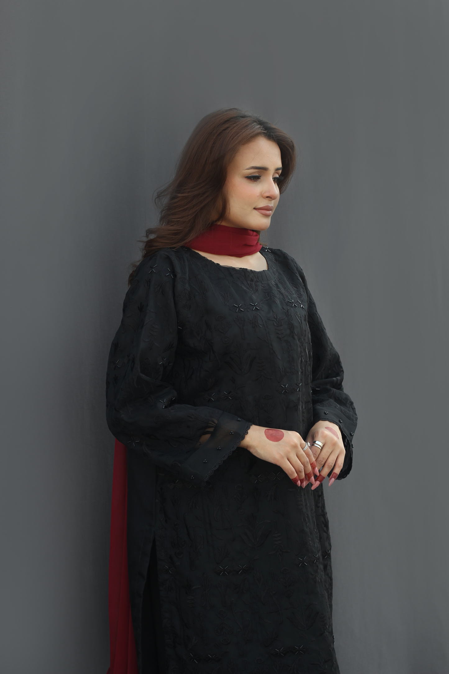 Shab-Black Organza Embroidered Suit (3-piece)