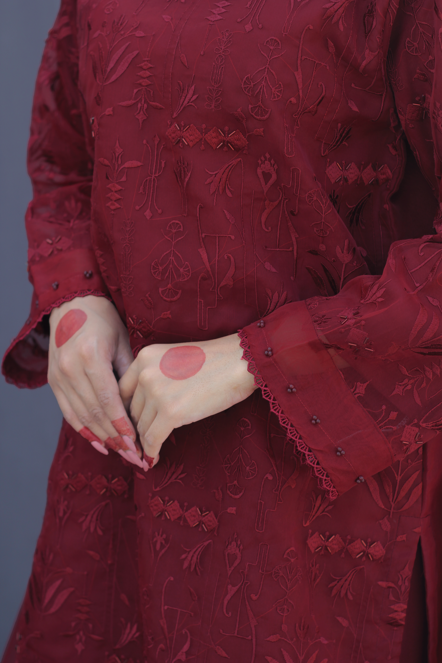 Surkh- Maroon Organza Embroidered Suit (3-piece)