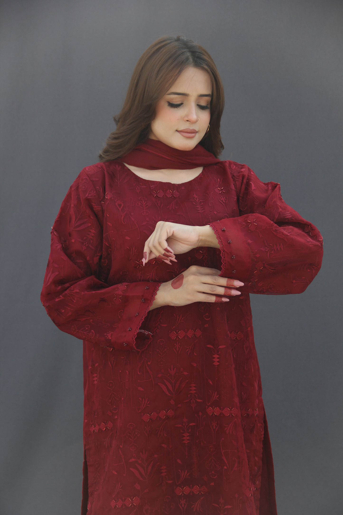 Surkh- Maroon Organza Embroidered Suit (3-piece)