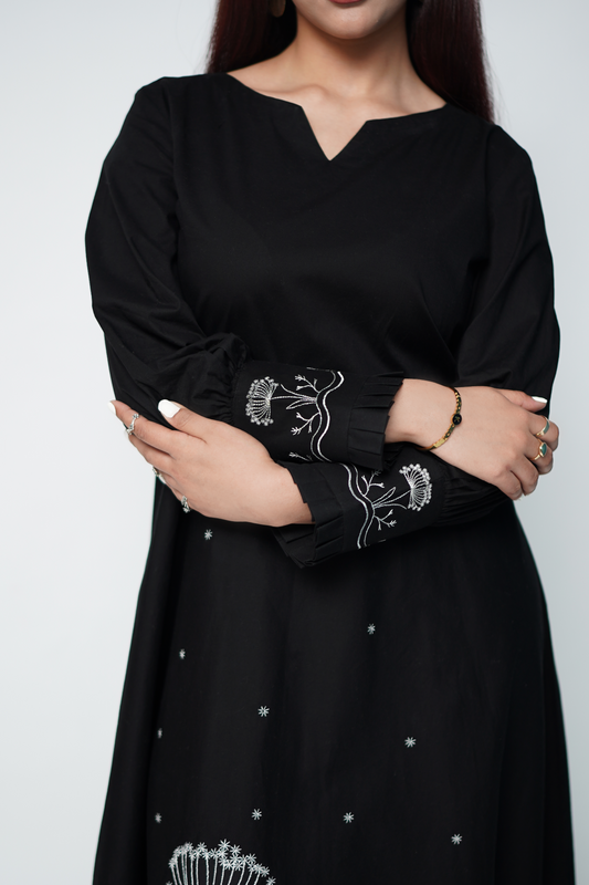 Black frock with white floral embroidery – elegant embroidered women's dress