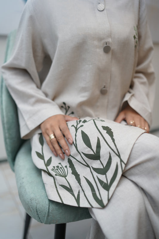 Green embroidered and screen-printed cord set – women’s two-piece vest and trouser outfit