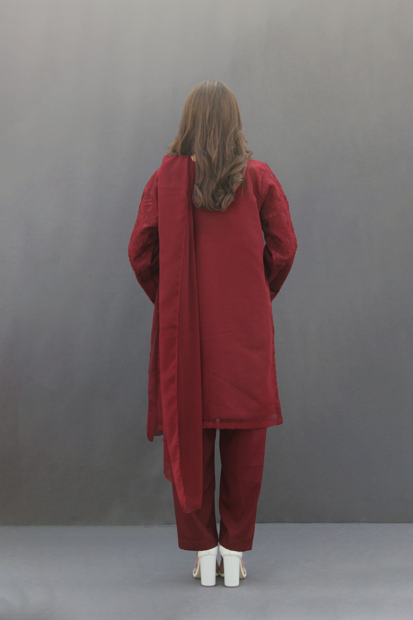 Surkh- Maroon Organza Embroidered Suit (3-piece)