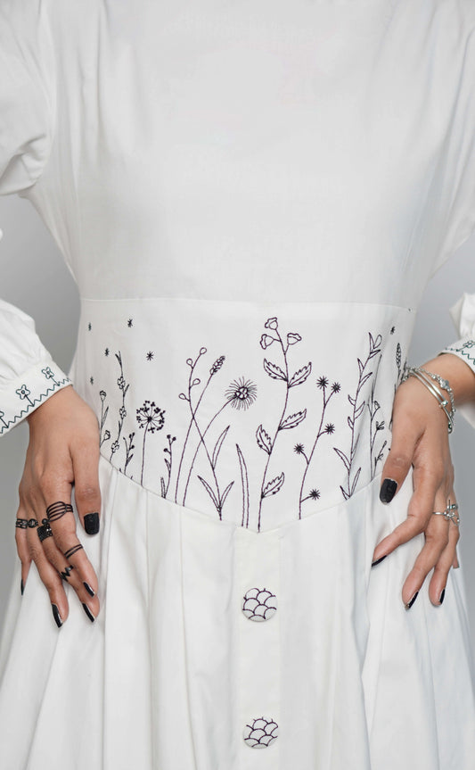 White frock with black embroidery – classic formal dress for women