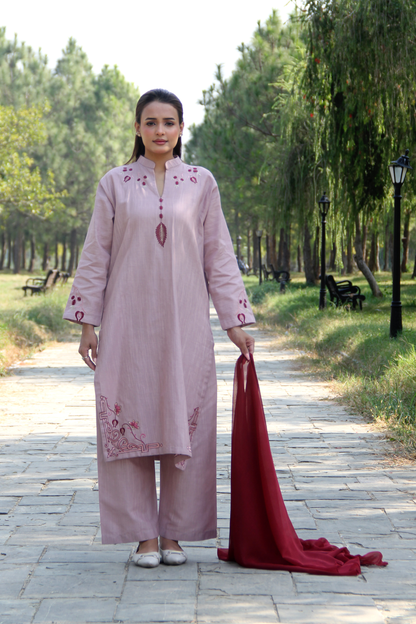 Woman in a light pink traditional outfit with red dupatta standing on a pathway in a park.