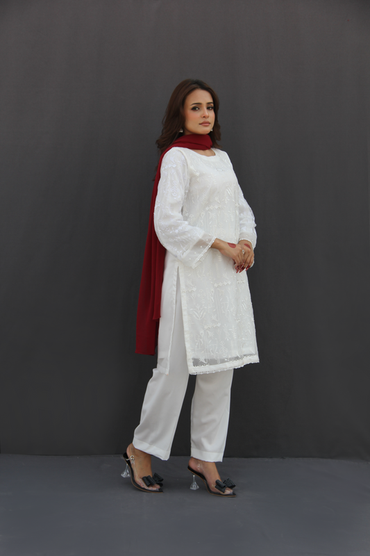 Sehr - White Organza Embroidered Suit (3-piece)