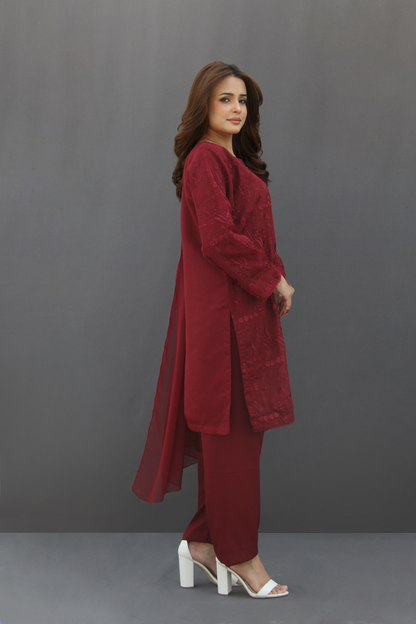 Surkh- Maroon Organza Embroidered Suit (3-piece)