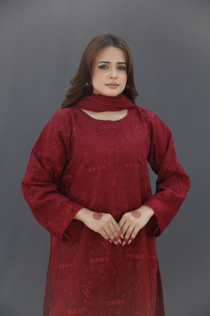 Surkh- Maroon Organza Embroidered Suit (3-piece)