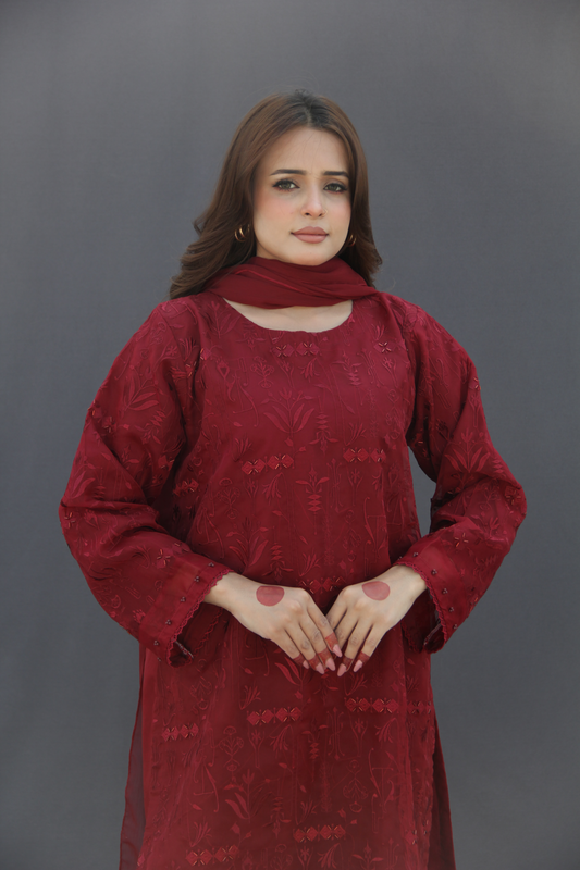 Surkh- Maroon Organza Embroidered Suit (3-piece)