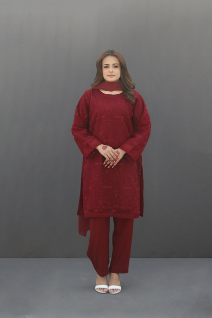 Surkh- Maroon Organza Embroidered Suit (3-piece)