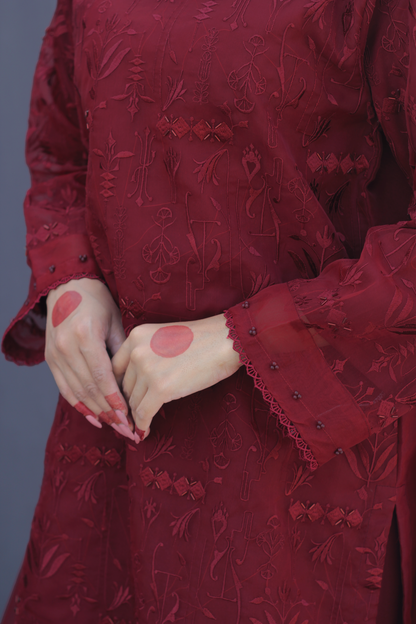Surkh- Maroon Organza Embroidered Suit (3-piece)