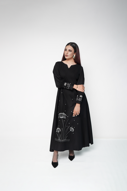 Black frock with white floral embroidery – elegant embroidered women's dress
