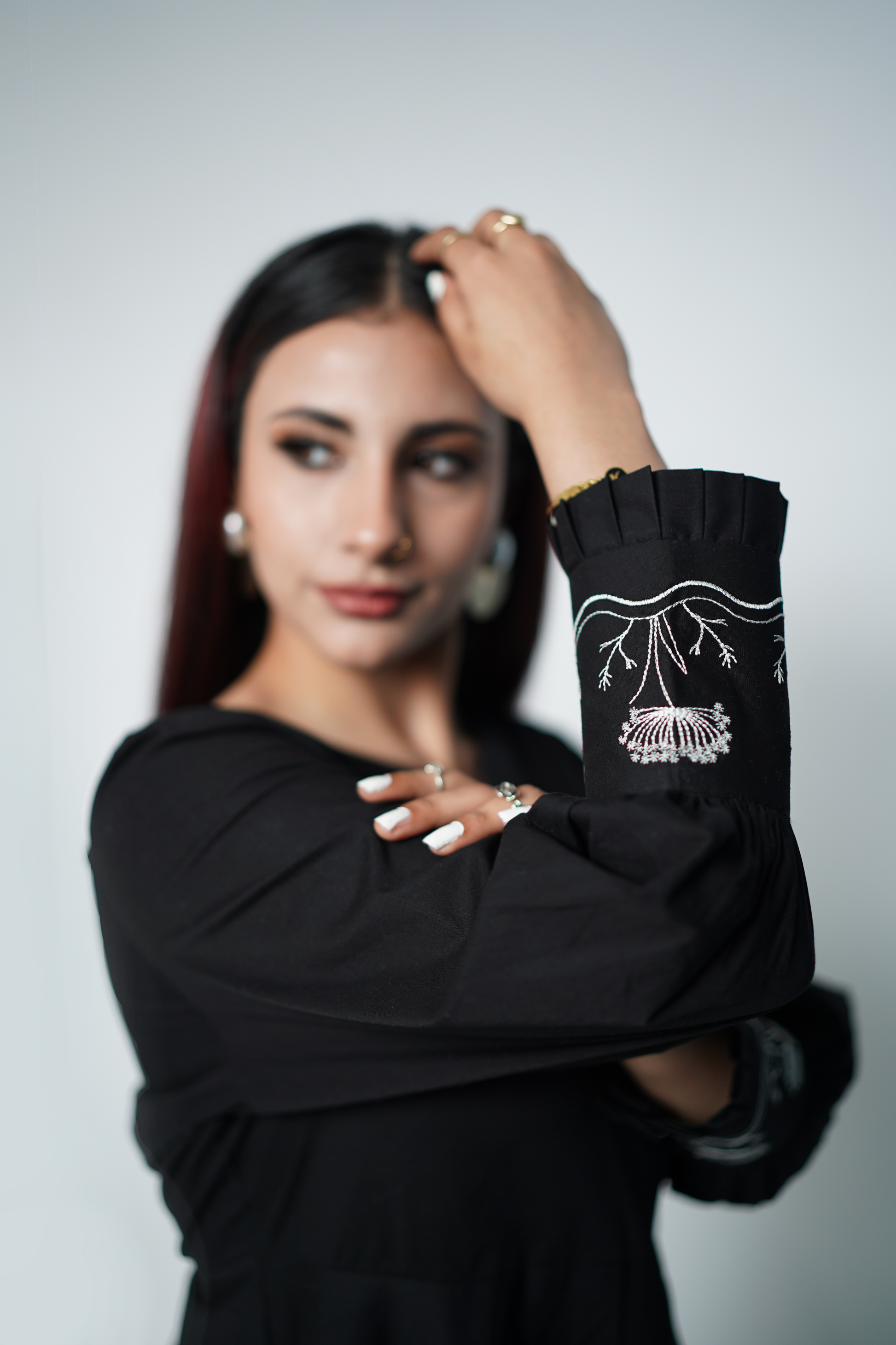 Black frock with white floral embroidery – elegant embroidered women's dress