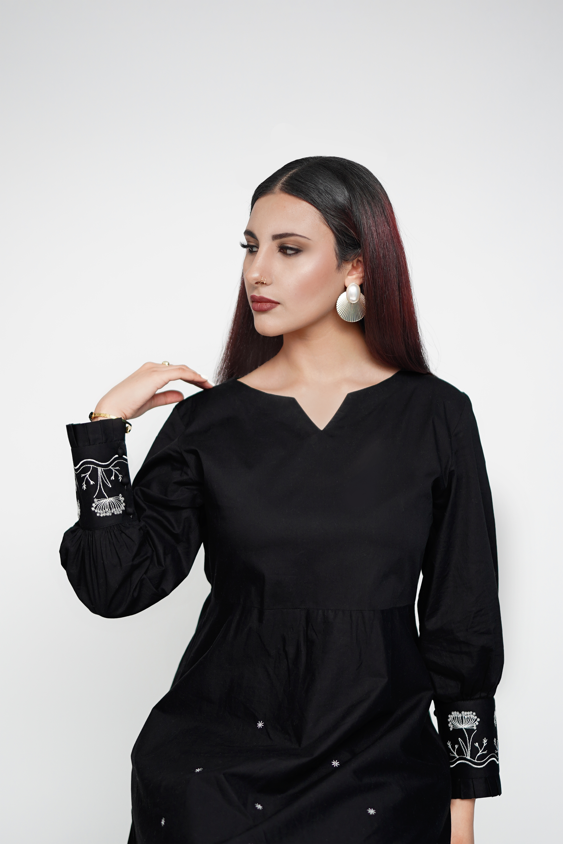 Black frock with white floral embroidery – elegant embroidered women's dress
