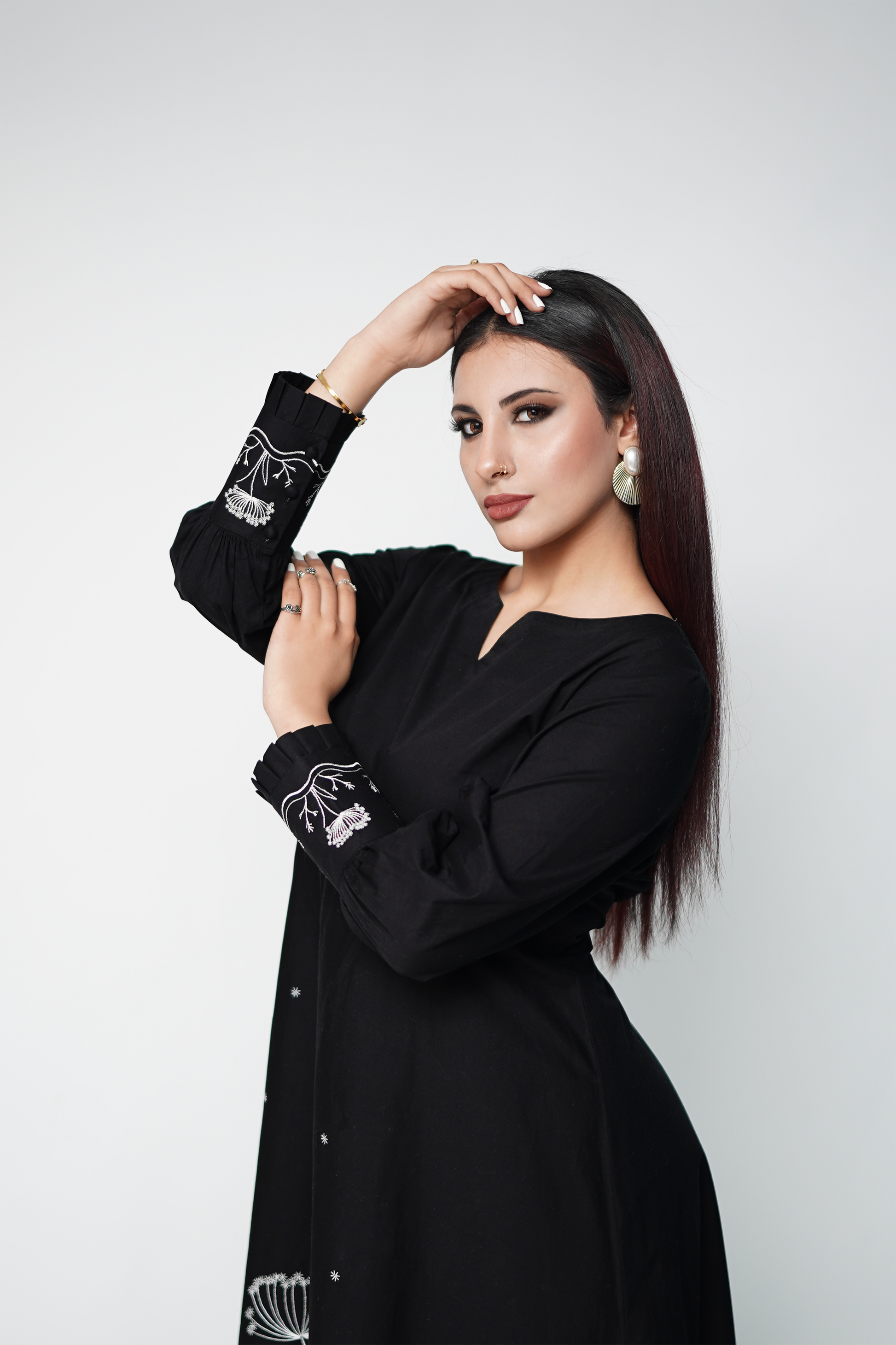 Black frock with white floral embroidery – elegant embroidered women's dress
