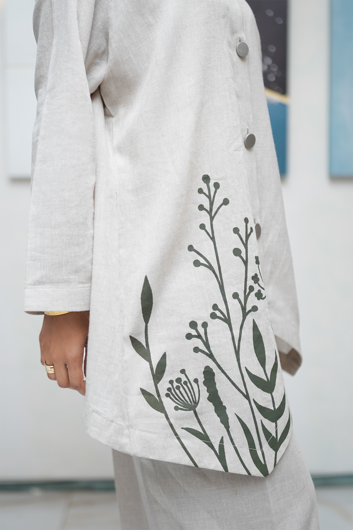 Green embroidered and screen-printed cord set – women’s two-piece vest and trouser outfit