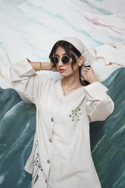 Green embroidered and screen-printed cord set – women’s two-piece vest and trouser outfit