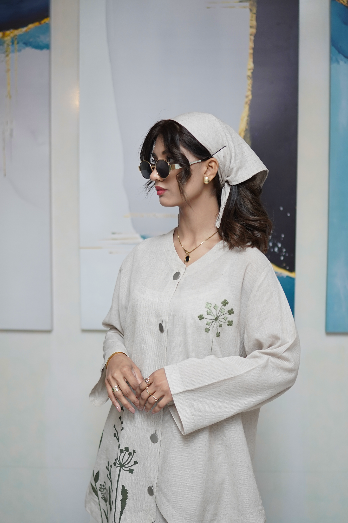 Green embroidered and screen-printed cord set – women’s two-piece vest and trouser outfit