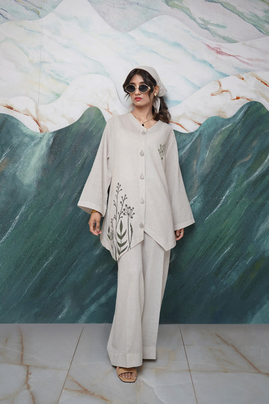 Green embroidered and screen-printed cord set – women’s two-piece vest and trouser outfit
