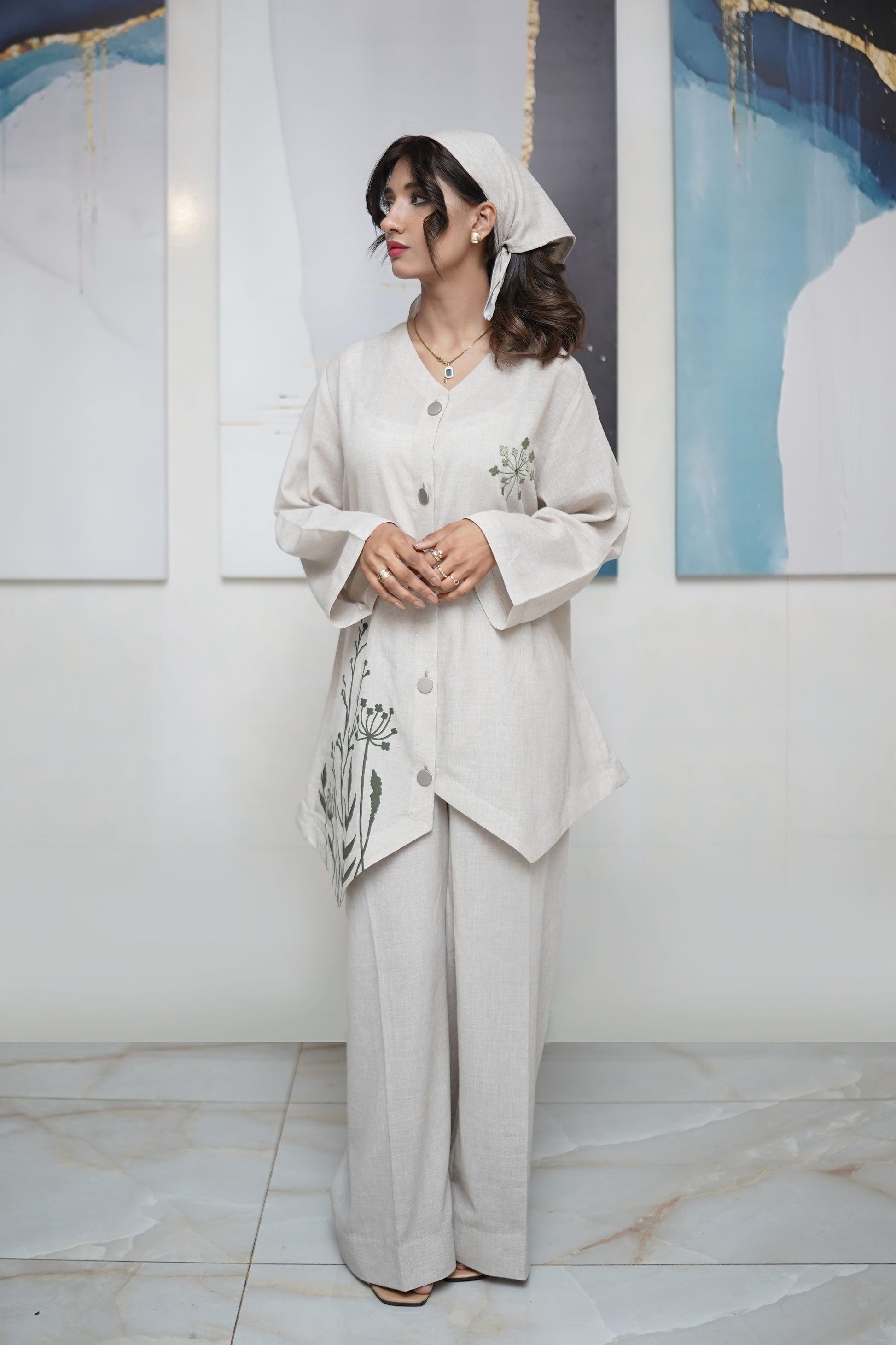 Green embroidered and screen-printed cord set – women’s two-piece vest and trouser outfit