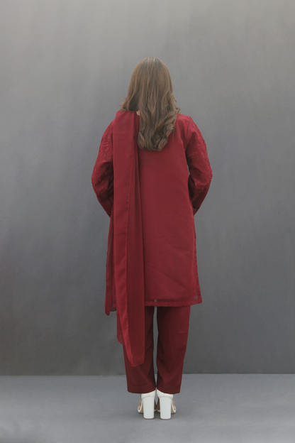 Surkh- Maroon Organza Embroidered Suit (3-piece)