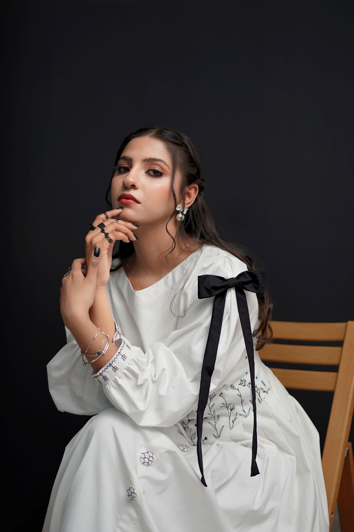 White frock with black embroidery – classic formal dress for women