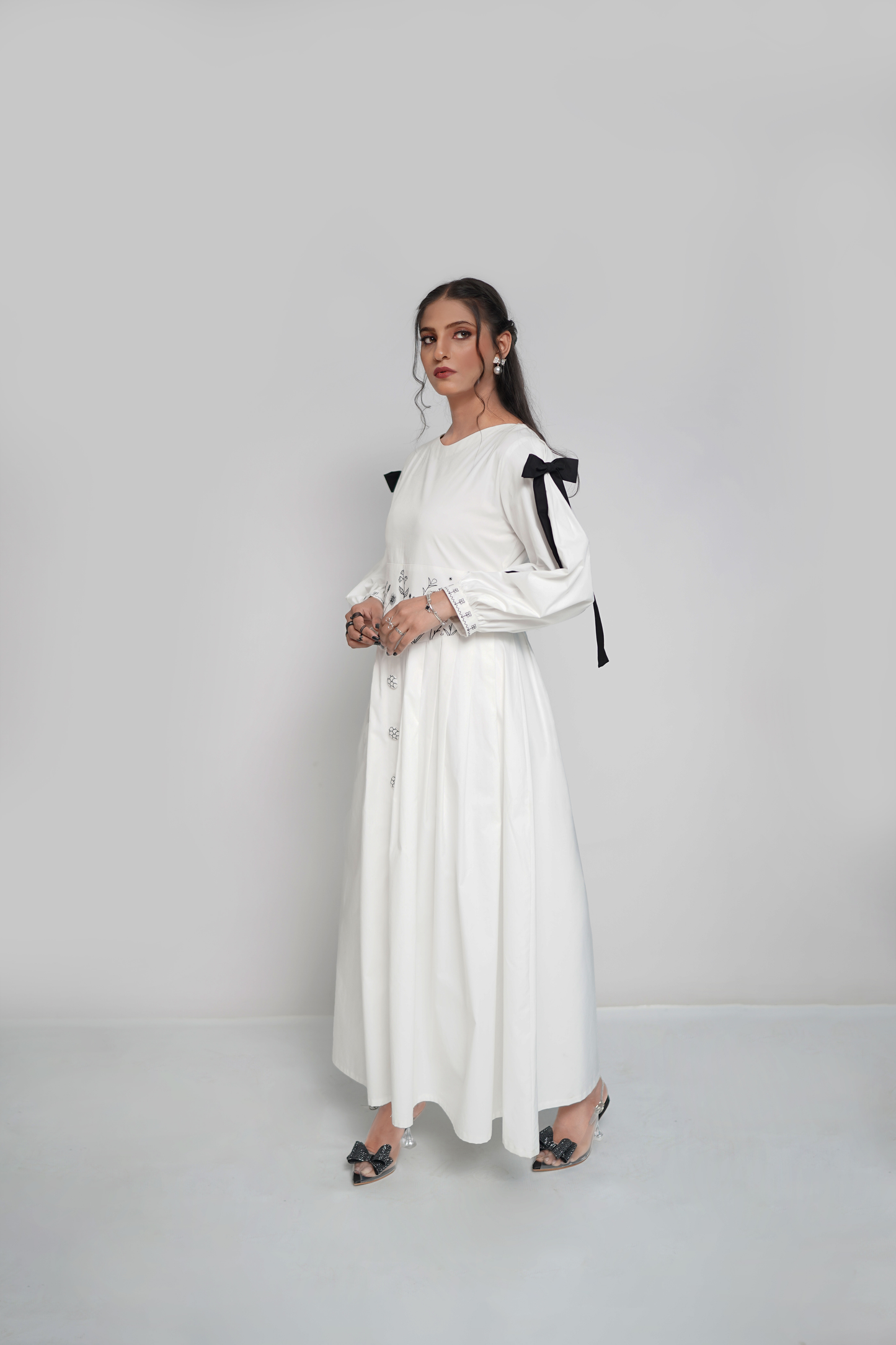 White frock with black embroidery – classic formal dress for women