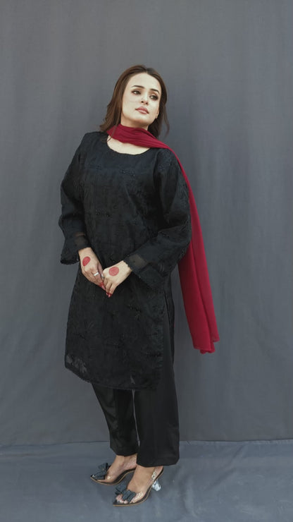 Shab - Black Organza Embroidered Suit (3-piece)